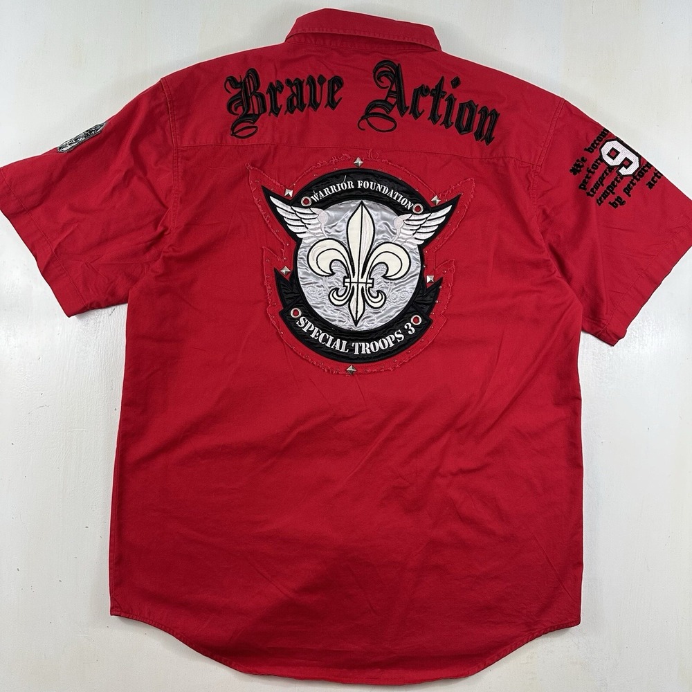 Vtg ABLANCHE Mens Large Shirt Red Embroidered Patches Y2K Affliction‎ Style Army